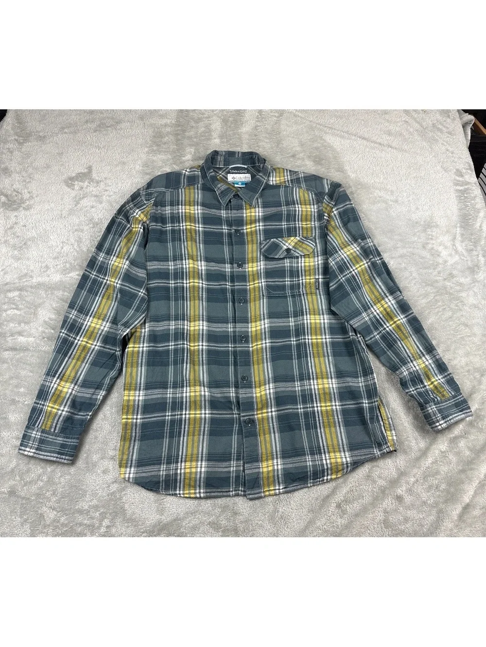 Columbia Flare Gun Flannel Men's L Blue Yellow Plaid Omni-Wick Outdoor